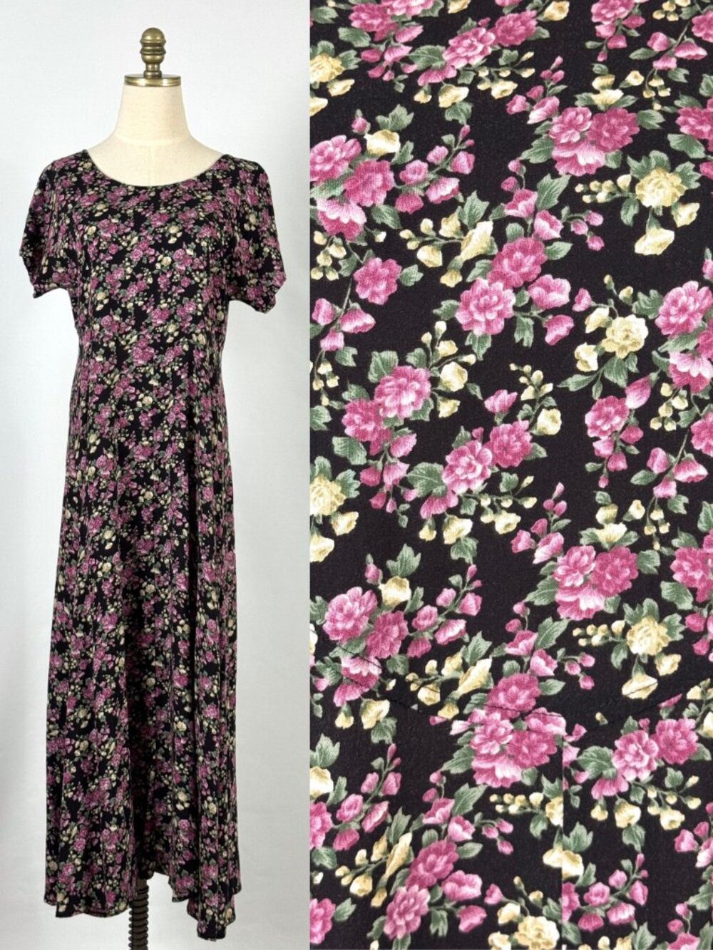 Vtg 90s All That Jazz Black Magenta Floral Maxi Dress Rayon Whimsigoth Grunge